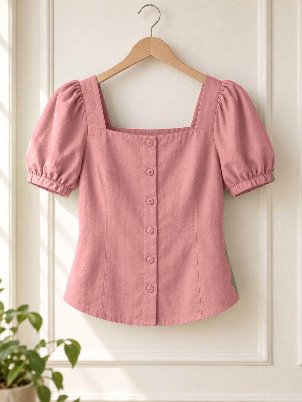 Title: Women's Soft Rose Red Square Neck Puff Sleeve Button Front Blouse